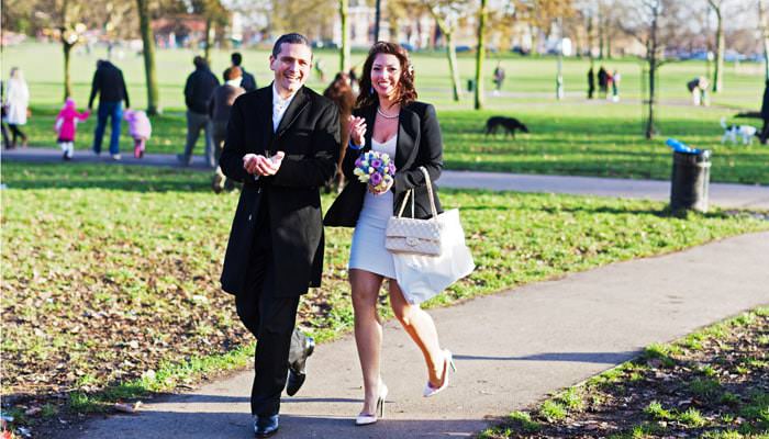 Wedding Photograph in London Walking in Park Wedding Photographer at Chelsea Register Office & Moretons Club, London