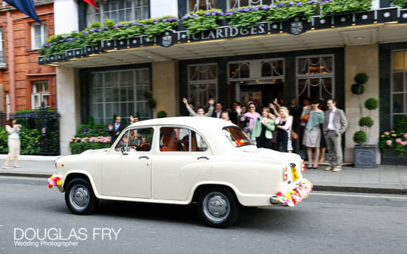 car leaving claridges at end of wedding