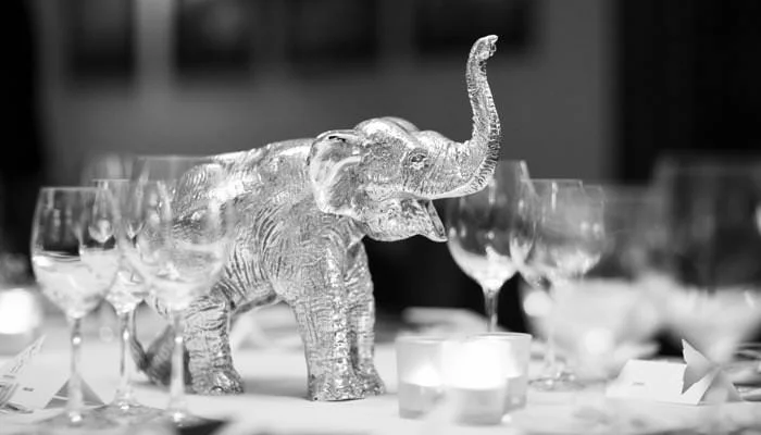 silver elephant at dinner Golden Wedding Anniversary Party Photographer at Mosimann's Club in London for Lady Marshall 3