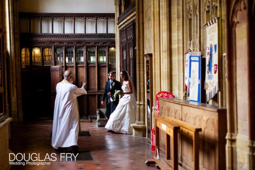 Wedding Photographer - Sherborne Abbey - Dorset - Bride and groom leaving the Abbey