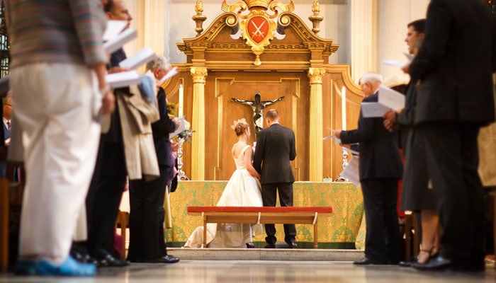 Wedding photograph of bride and groom at St Mary Le Bow Church, London