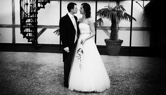 Wedding Photograph Black and White of Couple at Rivervale Barn Hampshire