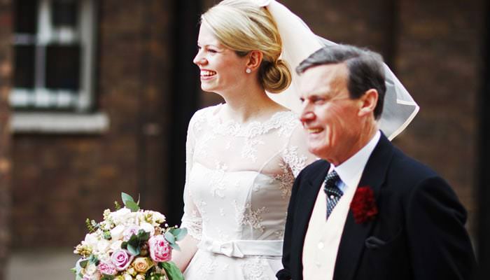 Wedding Photograph of Bride and Father in Pall Mall, London