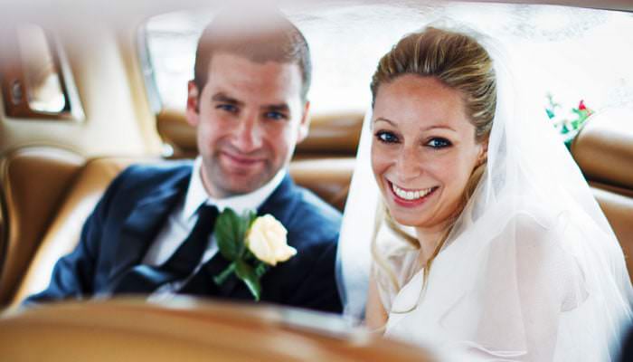 Wedding Photograph of Bride and Groom in Car, RIBA, London