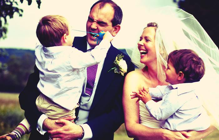 Wedding Photograph of Bride, Groom and Children in Gloucestershire