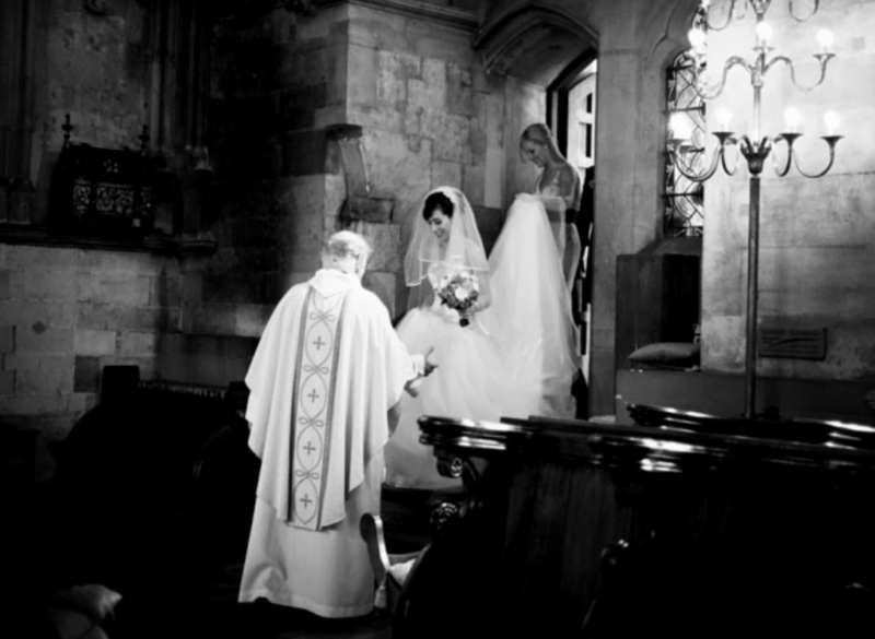 wedding photograph of bride at st Etheldreda's church in London