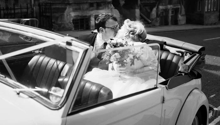 Douglas Fry Wedding Photograph Car Photograph of Bride and Groom in Vintage Car