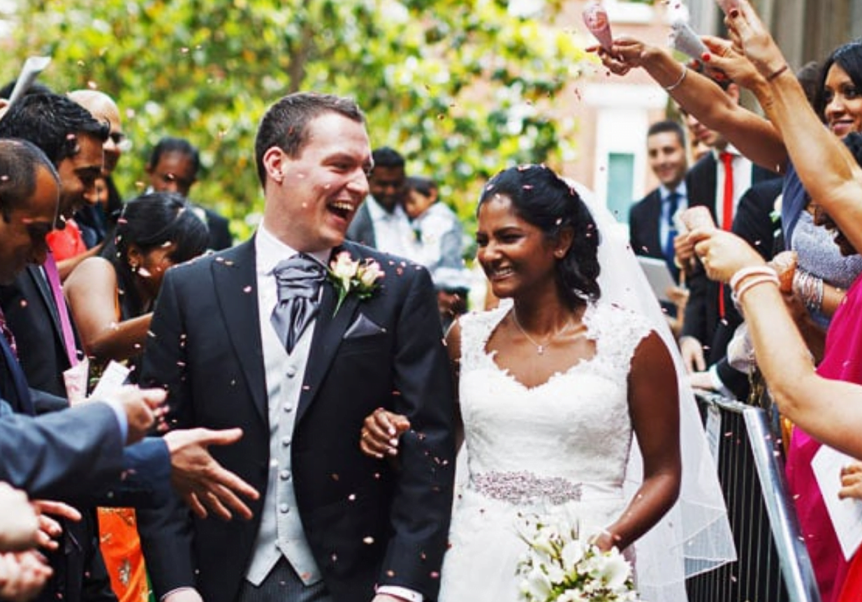 Wedding Photograph of couple with confetti at Inner Temple