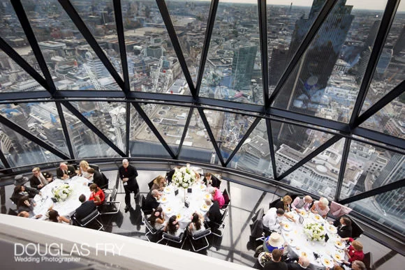 Wedding Photography at St Botolph's Church & Gherkin in London 5 Tables photographed from above at the Gherkin
