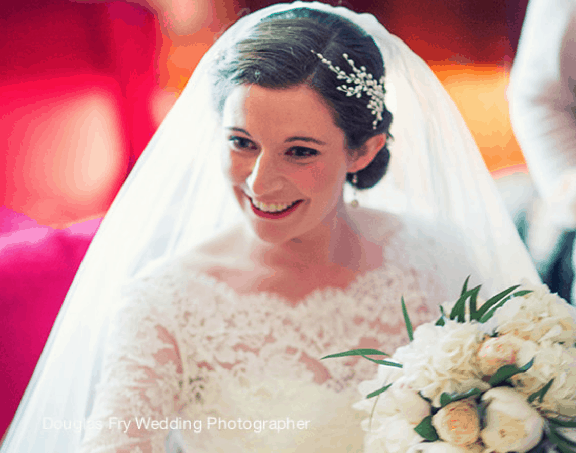 Photograph of bride with bouquet and veil before wedding service