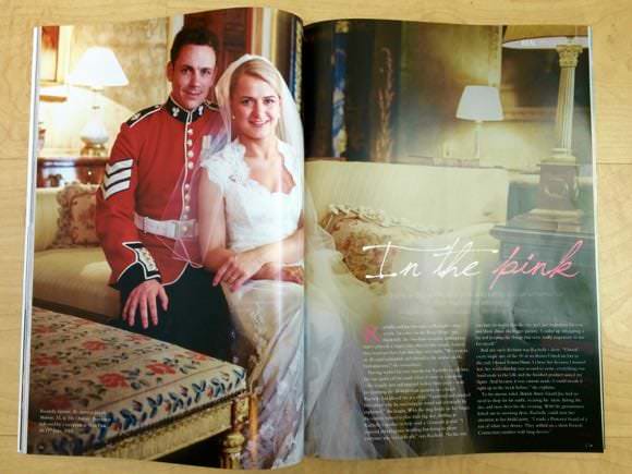 Photograph of bride and groom at Syon appearing as double page spread in magazine article