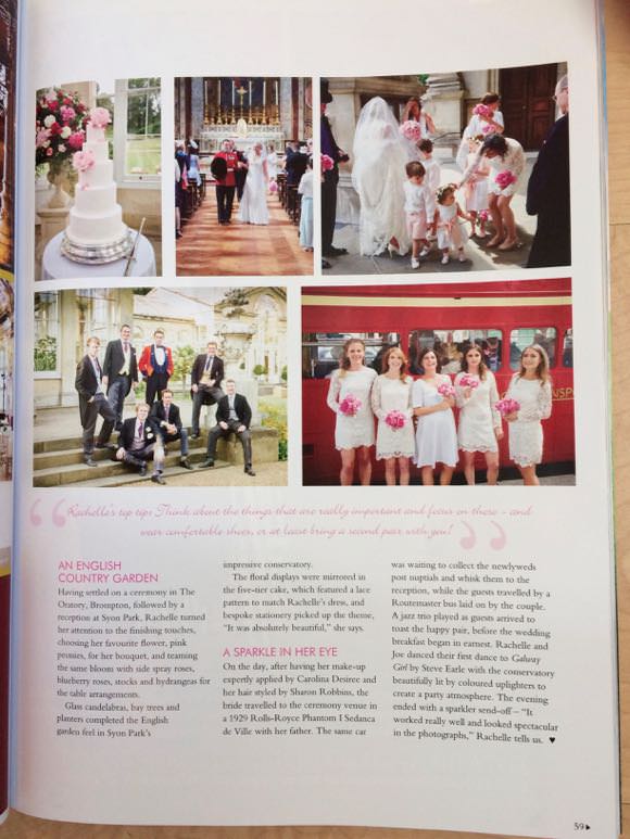 Coverage of wedding in magazine. Photograph of bridesmaids and cake.