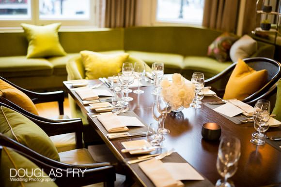 Bride sitting in restaurant in Mandarin Oriental Hotel, Knightsbridge