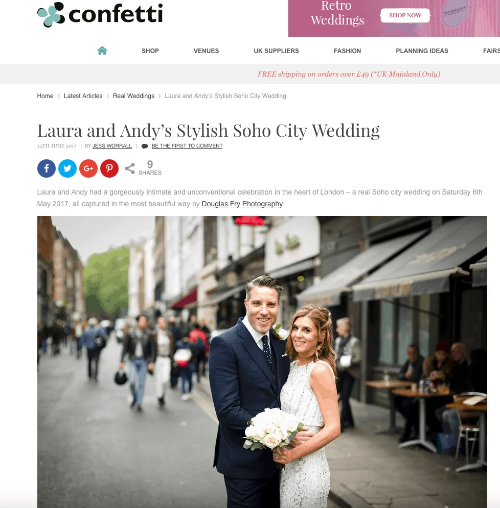 Laura and Andy's Wedding Photographed at Soho Hotel and the Union Club 12 Screen grab showing Confetti article on their website