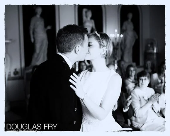 Wedding Photographer Richmond Golf Club and Syon 3 Black and white photograph of couple kissing after ceremony at Syon