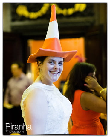 traffic cone on bride's head at wedding recepiton! Dressing up fun...