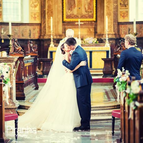 Bride and groom during wedding ceremony in Marylebone