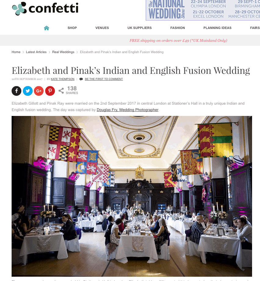 Wedding Photographer Stationers' Hall in September 11 Confetti.co.uk feature of Douglas Fry wedding on their website