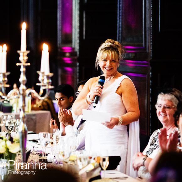 Bride makind speech at wedding at Stationers' Hall in London
