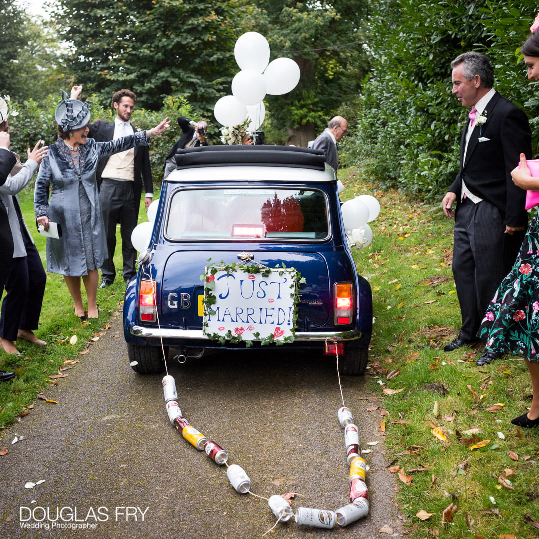 Mini Cooper car to drive to reception from wedding 'Just Married'