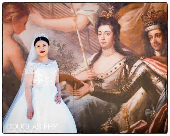 Bride photographed next to Painted Hall Ceiling murial