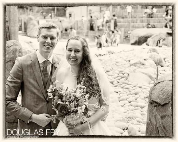 Couple in black and white at London Zoo during wedding reception
