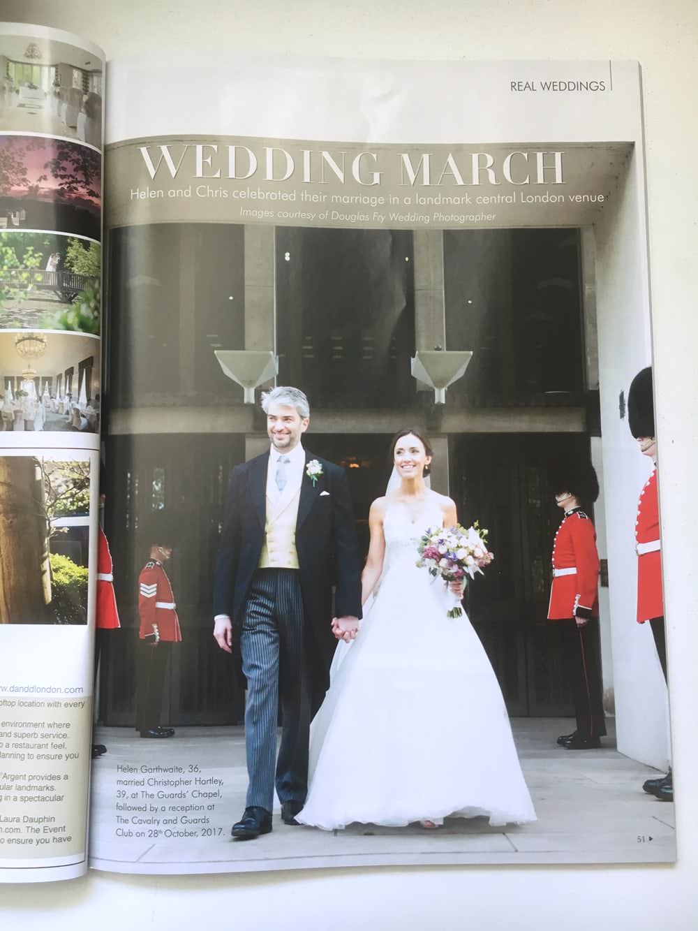 First page of article showing bride and groom standing in front of The Guards Chapel in London