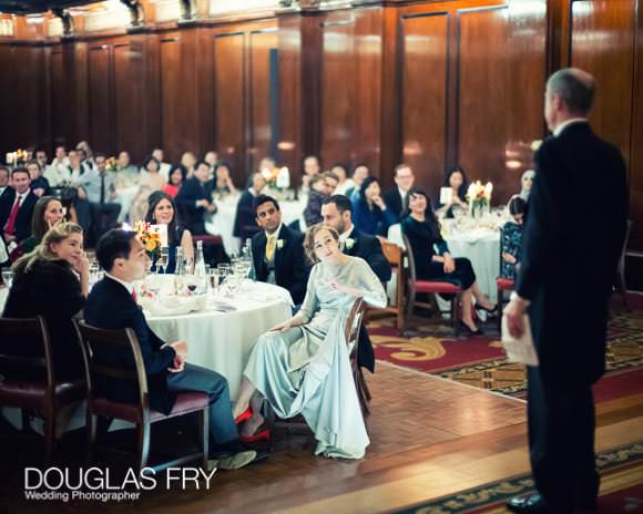 Photograph of speeches during wedding breakfast/reception