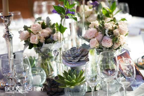 Flowers and table arrangement for wedding reception