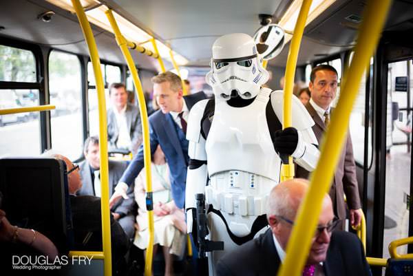 Wedding Photographer in Marylebone & Reception on Thames, River Boat 31 Stormtrooper on wedding bus