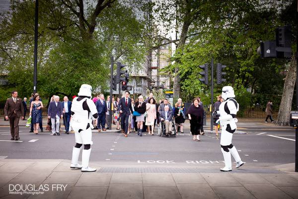 Guests crossing London road with Stormtroopers - Star Wars theme.