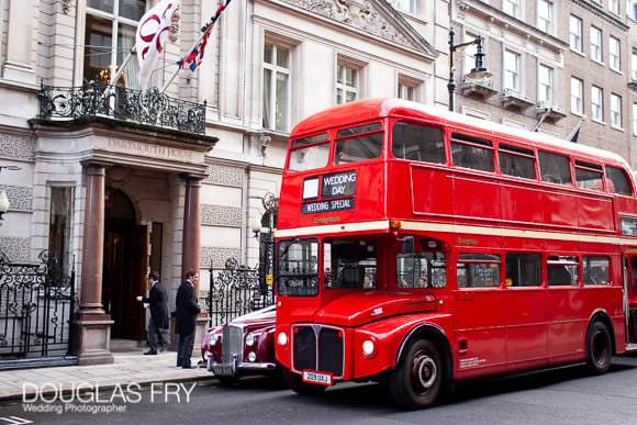 Wedding bus arriving at Dartmouth House with guests