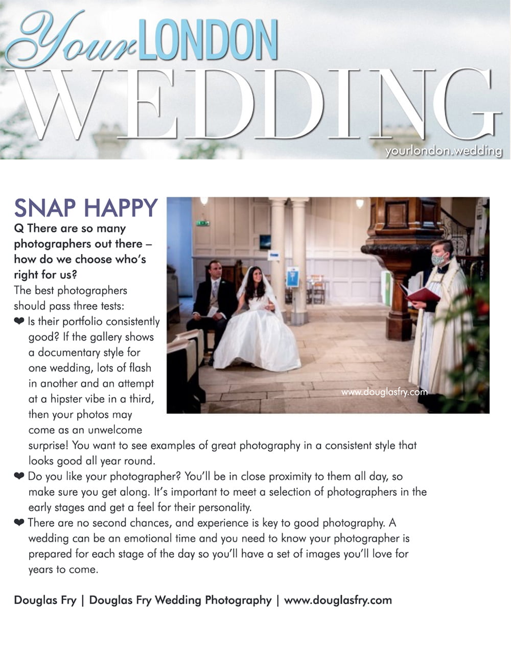 Article in Your London Wedding Magazine by Douglas Fry about selecting a wedding photographer