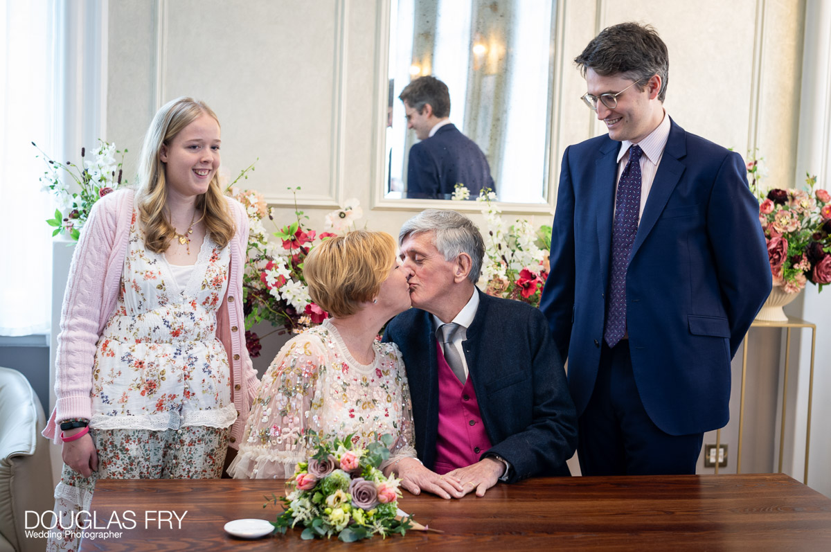 Chelsea Register Office photography by Douglas Fry of couple and guests 